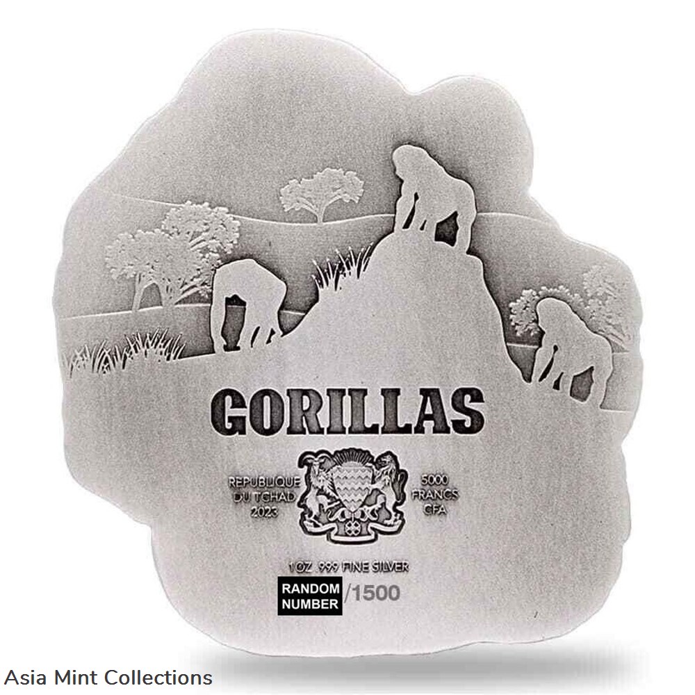 2023 - 1 Oz Silver Coin Chad 5000 CFA Gorilla & Child Shaped Antiqued High Relief 2 coins ingots bullion 2023 1 oz silver coin chad 5000 cfa gorilla child shaped antiqued high relief