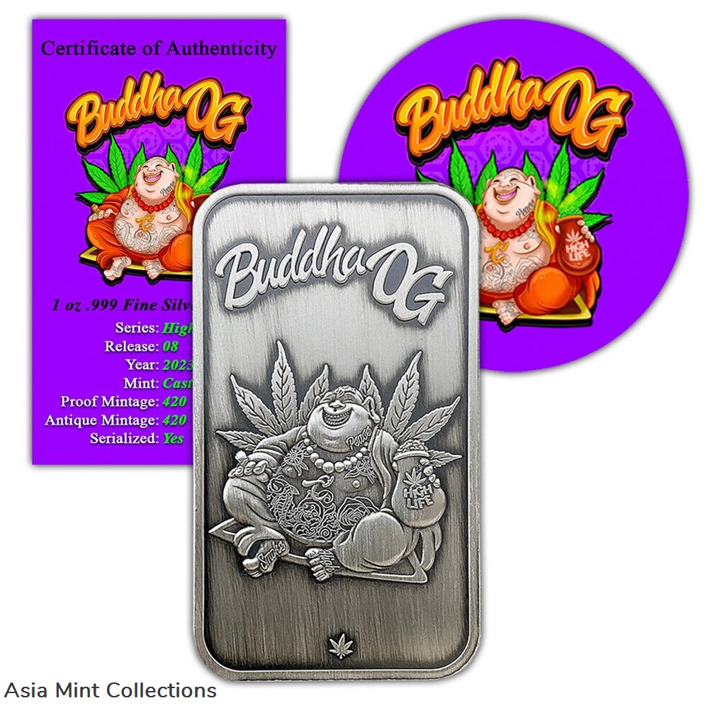 2023 - Buddha OG Antiqued 1 oz .999 Fine Silver Art Bar High Life Castronomics coins ingots bullion coin 2023 buddha og antiqued 1 oz 999 fine silver art bar high life castronomics
