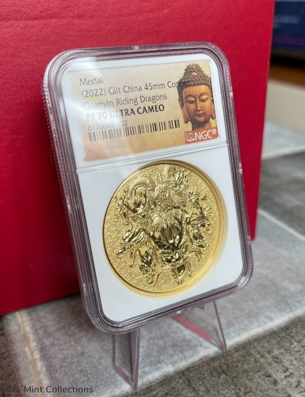 2022 China Cooper Gilded Proof Medal - GuanYin Ridding Dragon - NGC PF70 With Special Buddha 3 coins ingots bullion copper coin 2022 china cooper gilded proof medal guanyin ridding dragon ngc pf70 with special buddha