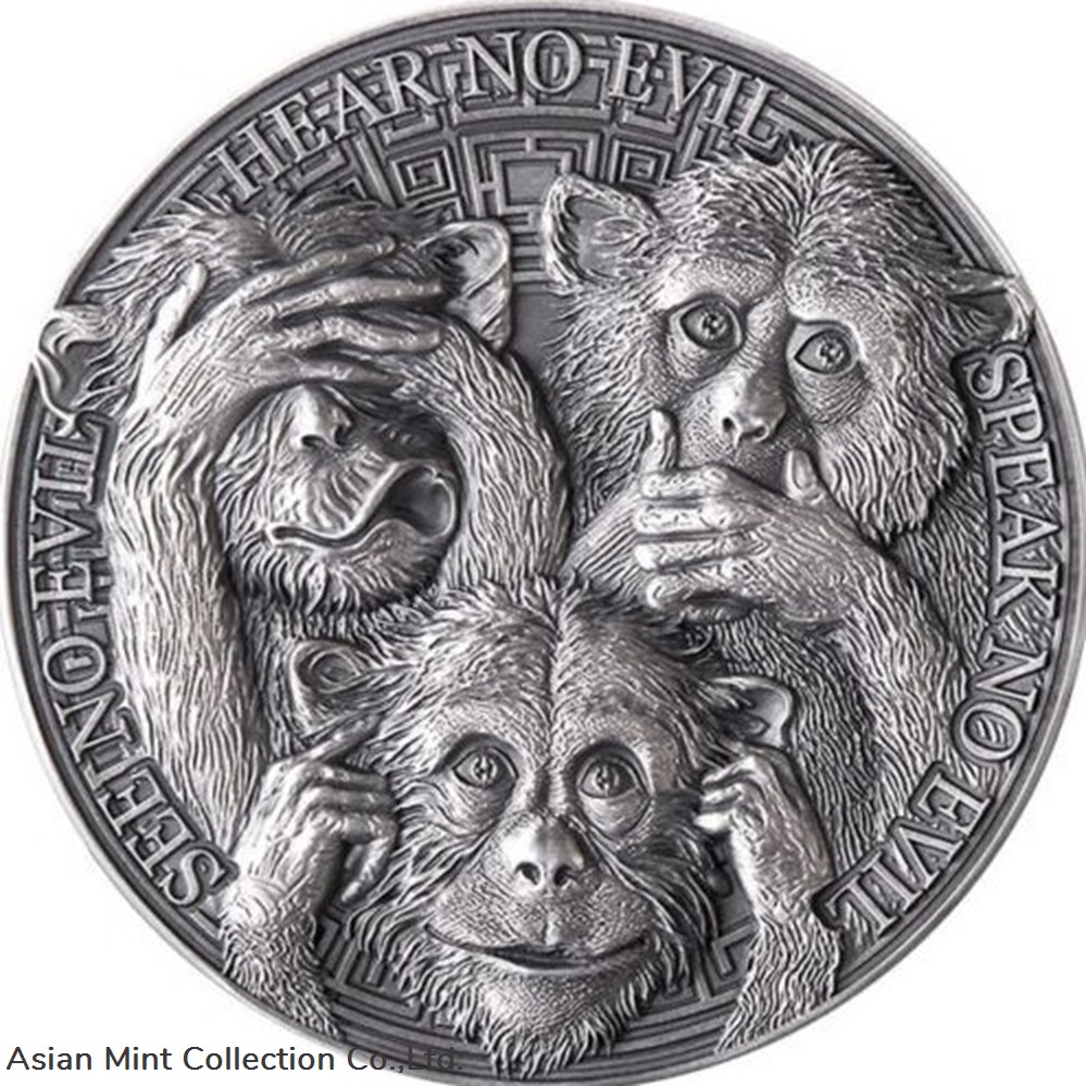 2022 - Three Wise Monkeys Life Quotes 1oz Coin 5 Cedis Republic of Ghana coins ingots bullion silver 2022 three wise monkeys life quotes 1oz coin 5 cedis republic of ghana
