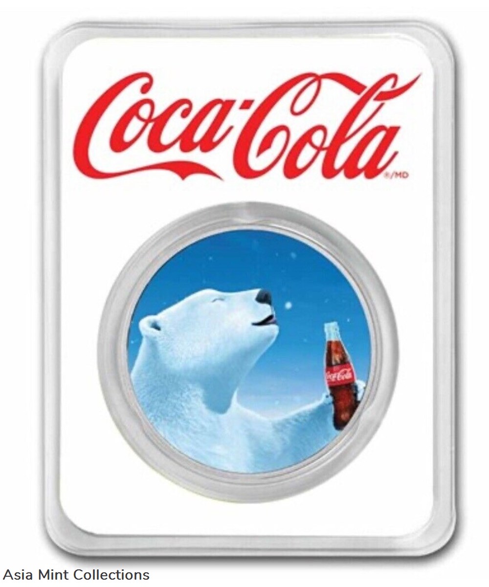 Coca-Cola® 1 oz Silver Polar Bear Colorized Round In TEP & Blue Velvet Gift Bag coins ingots bullion coin coca cola 1 oz silver polar bear colorized round in tep blue velvet gift bag