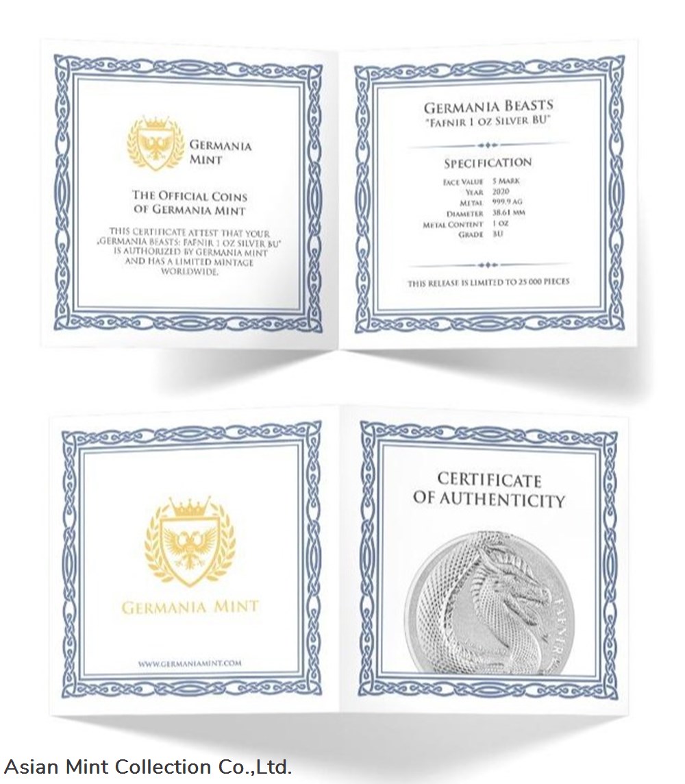 2020 SILVER 2x1oz GERMANIA BEASTS SERIES: FAFNIR GEMINUS (incl. COA) 3 coins ingots bullion coin 2020 silver 2x1oz germania beasts series fafnir geminus incl coa