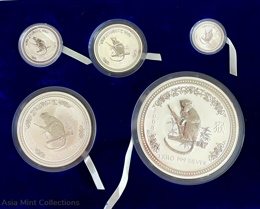 2004 -The Australian Lunar 999 silver coin the Perth Mint 5 coins 2 ingots bullion 2004 the australian lunar 999 silver coin the perth mint 5 coins