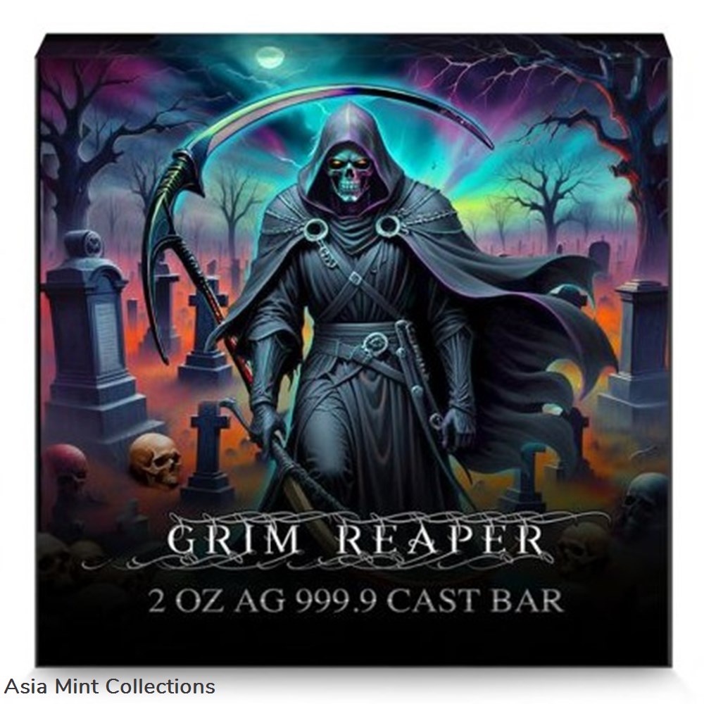 2024 - GRIM REAPER Cast Bar 2 Oz Silver Bar 3 coins ingots bullion coin 2024 grim reaper cast bar 2 oz silver bar
