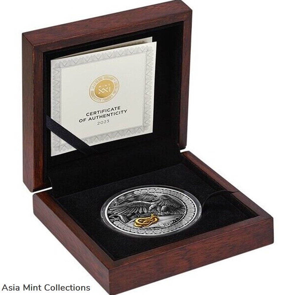 2023 - Eagle Hunting in the Wild 50 g Antique finish Silver Coin 10 Cedis Ghana 3 coins ingots bullion 2023 eagle hunting in the wild 50 g antique finish silver coin 10 cedis ghana