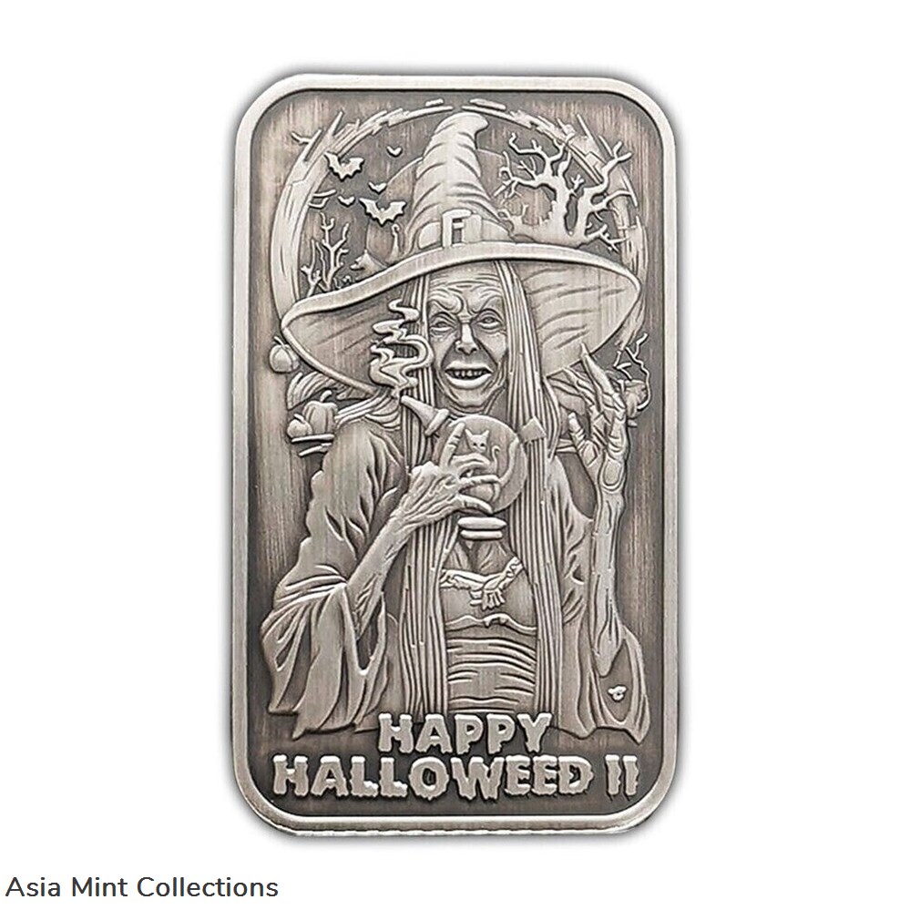 2023 - Happy Halloweed II Antiqued 1 oz Silver Bar - 420 Mintage 2 coins ingots bullion coin 2023 happy halloweed ii antiqued 1 oz silver bar 420 mintage