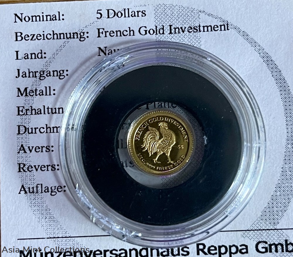 2010 NAURU - $5 IN 9999 GOLD (0.5G), PP - FRENCH GOLD INVESTMENT Rooster coins ingots bullion coin 2010 nauru 5 in 9999 gold 0 5g pp french gold investment rooster