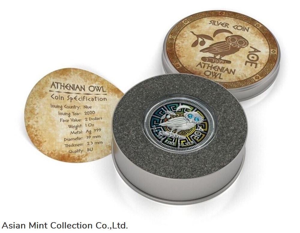 2020 - $2 Niue Athenian Owl Swarovski Eyes - Blue Eyes 3 coins ingots bullion silver coin 2020 2 niue athenian owl swarovski eyes blue eyes