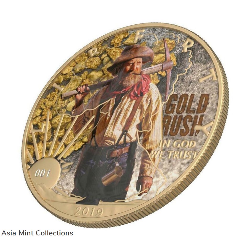 2019 - USA 1$ Faces of America - Gold Rush 1 Oz Silver Coin with Varnish 3 coins ingots bullion 2019 usa 1 faces of america gold rush 1 oz silver coin with varnish