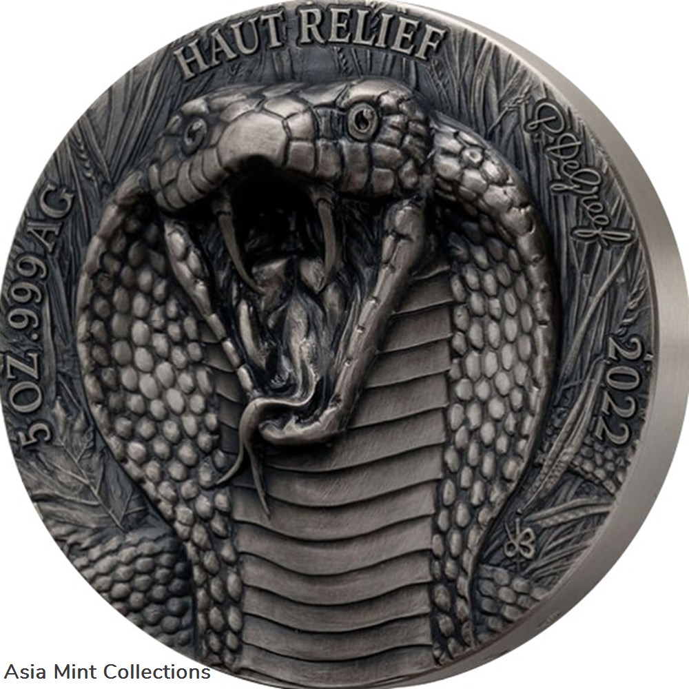 2022 - King Kobra Big Five Asia 5 oz Antique finish Silver Coin CFA Ivory Coast coins ingots bullion 2022 king kobra big five asia 5 oz antique finish silver coin cfa ivory coast