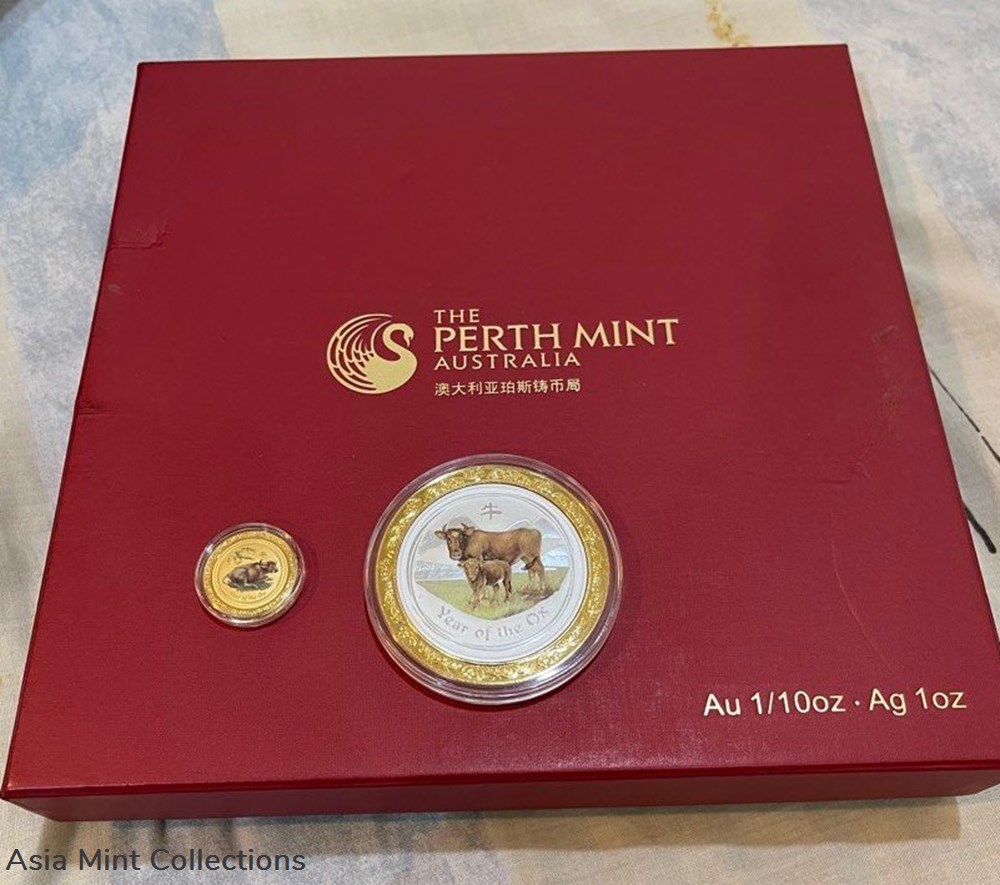 2009 Australia Lunar Year of OX Gold and Silver Coloured Set 7 coins 2009 australia lunar year of ox gold and silver coloured set