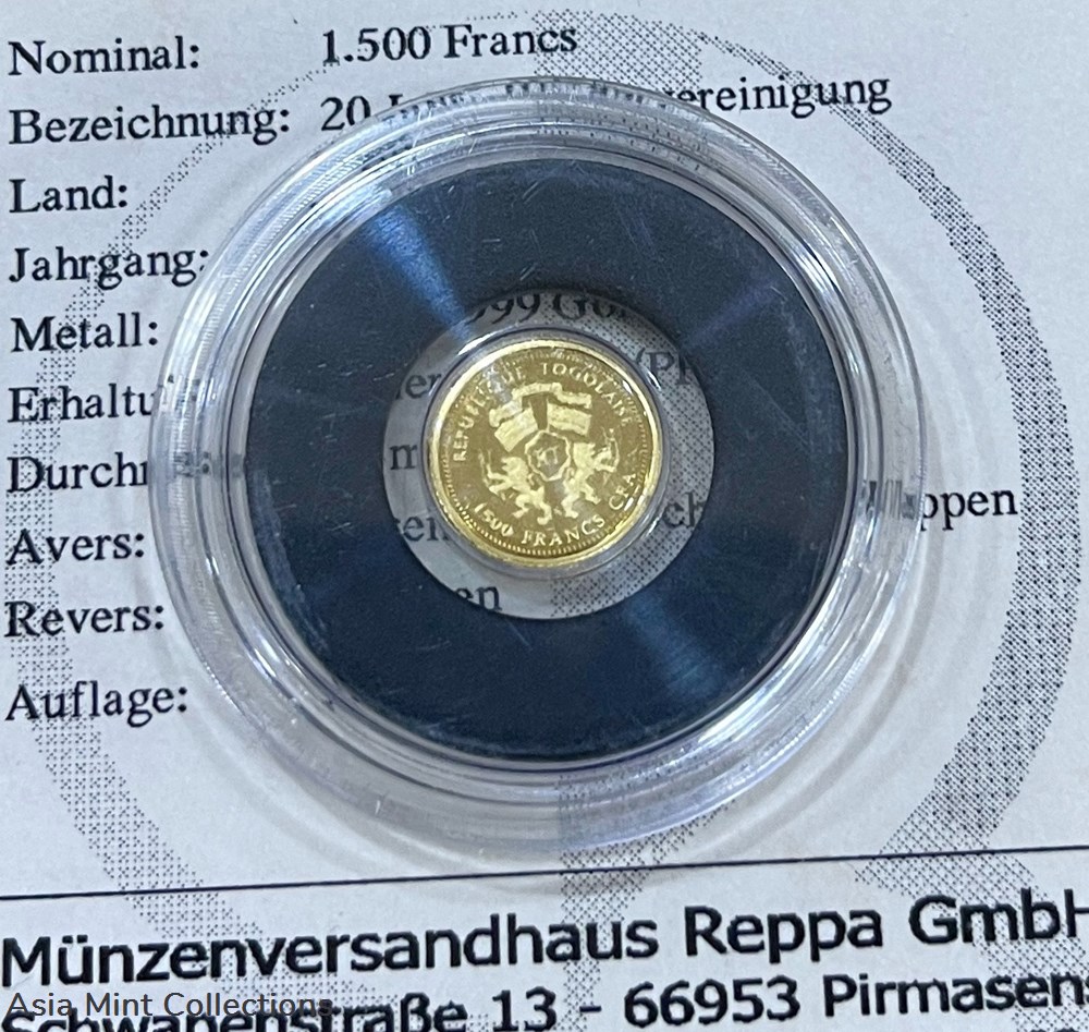 2012 - TOGO 1500 francs in 9999 gold (0.5g), PP - 20 years reunification coins ingots bullion coin 2012 togo 1500 francs in 9999 gold 0 5g pp 20 years reunification