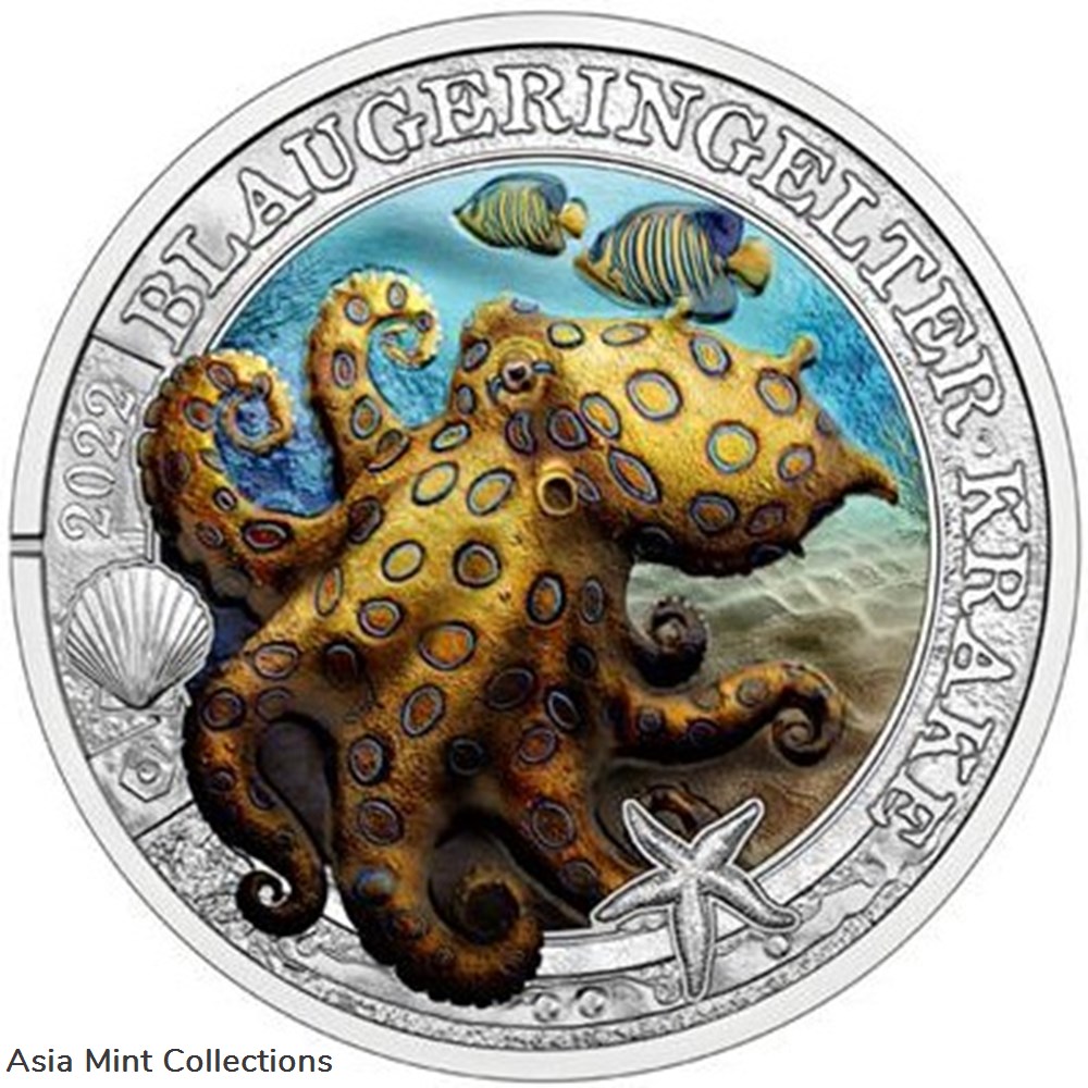 2022 - Austria 3 Euro Bright Sea Worlds Blue Ringed Octopus coins ingots bullion silver coin 2022 austria 3 euro bright sea worlds blue ringed octopus