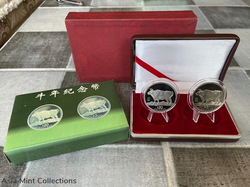 1997 Liberia $20 + $5 Year Of OX Silver & Nickel 2-Coin Set - 1oz Silver $20 + 1 Nickel $5 4 coins ingots bullion 1997 liberia 20 5 year of ox silver nickel 2 coin set 1oz silver 20 1 nickel 5