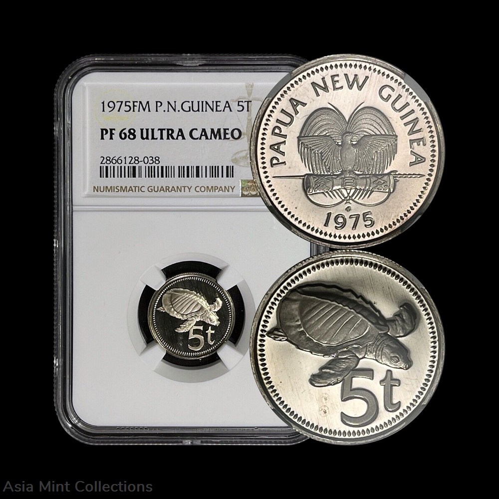 1975 - PAPUA NEW GUINEA. 5 Toea - NGC PF68 - Pig-Nosed Turtle 🐢 coins ingots bullion copper coin 1975 papua new guinea 5 toea ngc pf68 pig nosed turtle