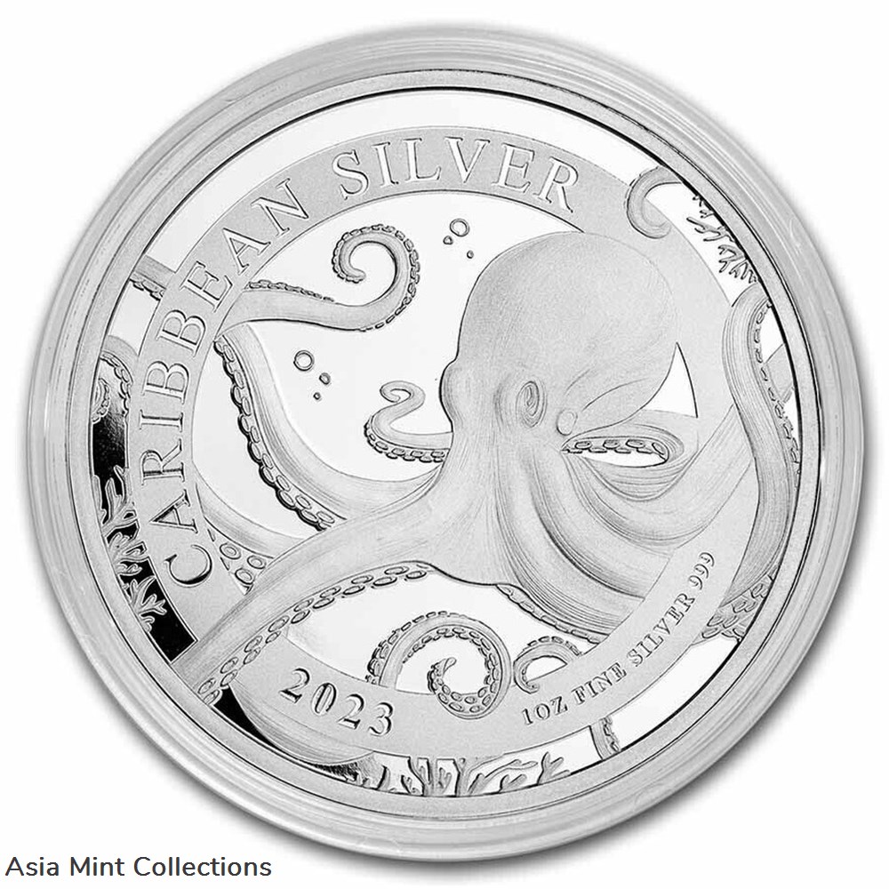 2023 - Caribbean Octopus Barbados 1 oz 999 Silver 1 Dollar ST/BU 3 coins ingots bullion coin 2023 caribbean octopus barbados 1 oz 999 silver 1 dollar st bu