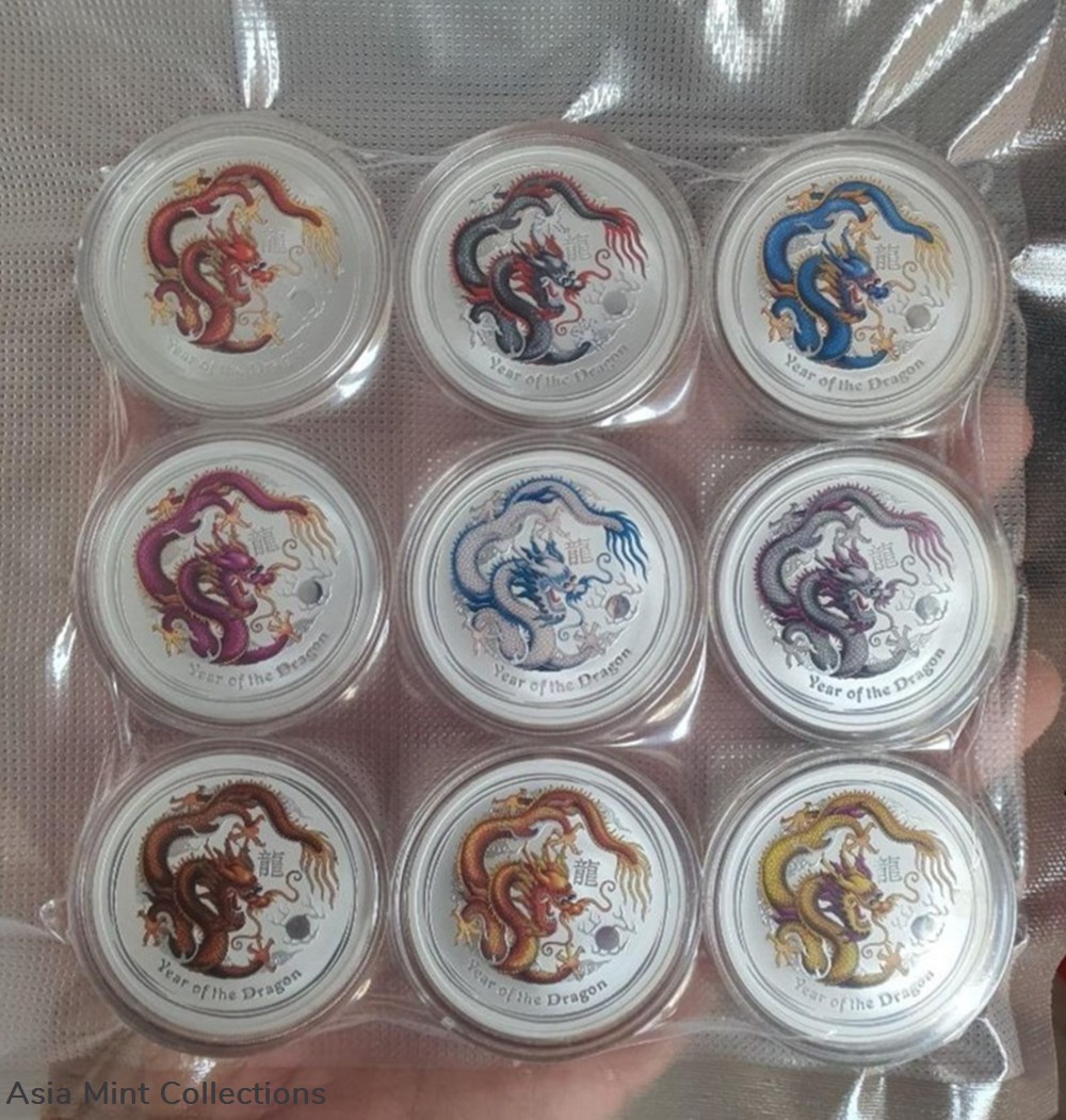 ingots bullion 2012 perth mint australia 9 x 1oz silver dragon lunar series colorized set of 9 coins