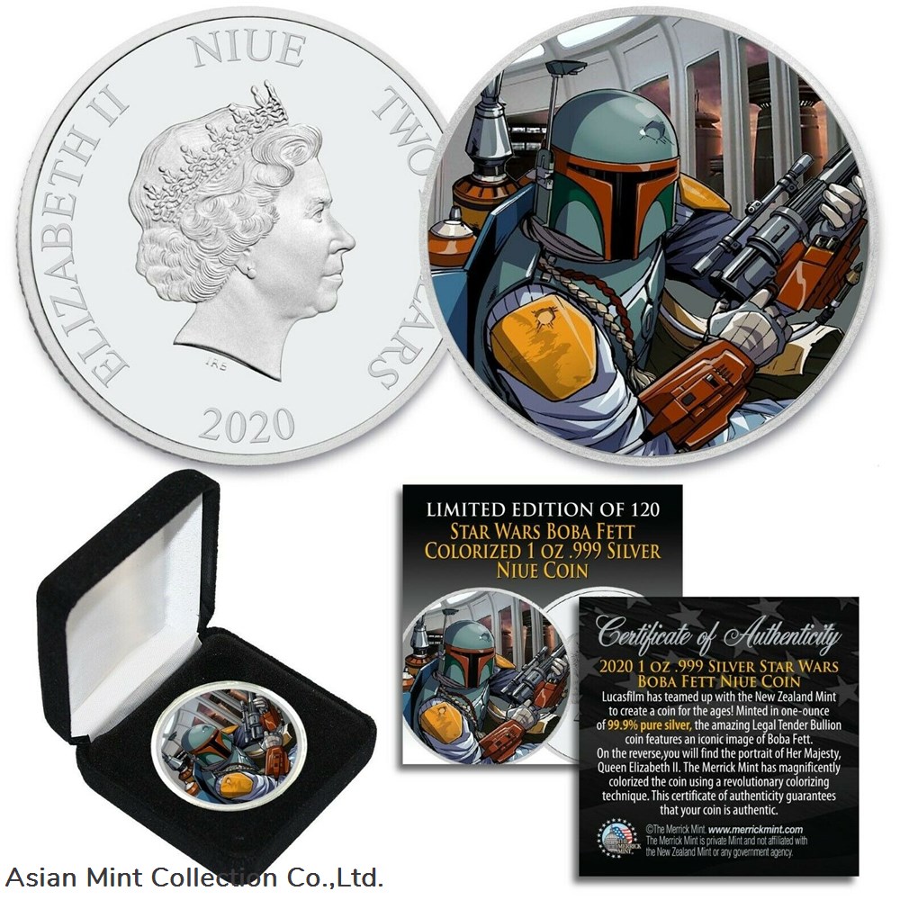 2020 Niue 1 TROY OZ SILVER BU Star Wars BOBA FETT Coin with CLOUD CITY Backdrop coins ingots bullion 2020 niue 1 troy oz silver bu star wars boba fett coin with cloud city backdrop
