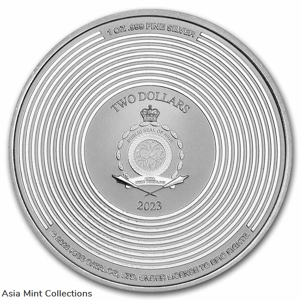 2023 1 Oz Silver $2 Niue 50TH ANNIVERSARY OF KISS Colored Coin. 4 coins ingots bullion 2023 1 oz silver 2 niue 50th anniversary of kiss colored coin