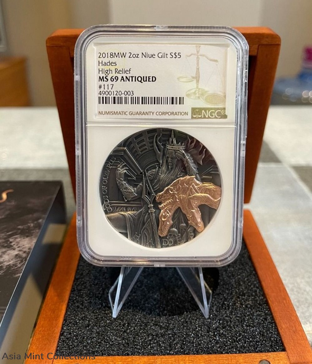 2018 NIUE $5 Gods of Olympus Hadez 2 Oz Silver High Relief Coin with Rose Gold - NGC-MS69 coins ingots bullion 2018 niue 5 gods of olympus hadez 2 oz silver high relief coin with rose gold ngc ms69