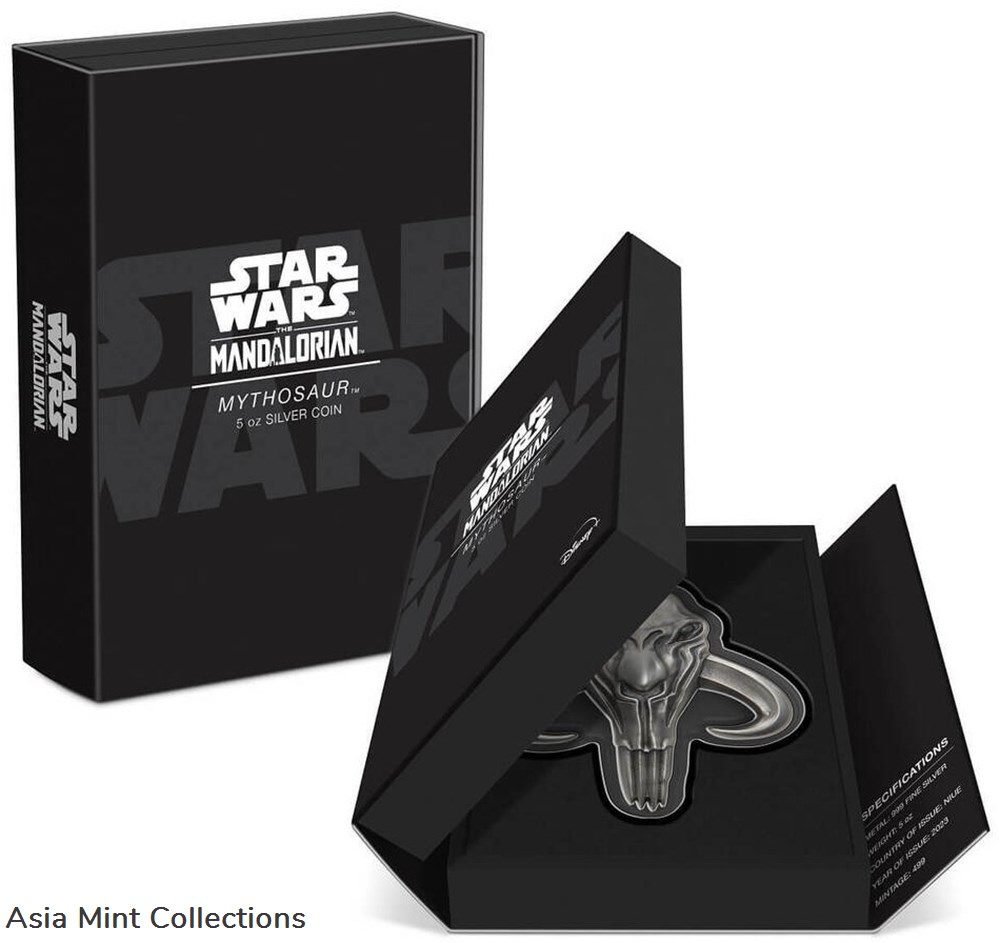 2023 Niue Star Wars Mandalorian Mythosaur 5oz Silver Antiqued Coin 4 coins ingots bullion 2023 niue star wars mandalorian mythosaur 5oz silver antiqued coin
