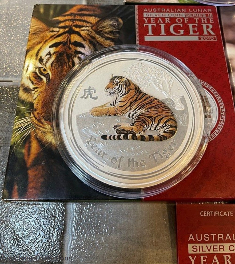 2010 Australia $30 (Series II) Lunar Year Of Tiger 1-Kilo Silver Coin with Topaz Gems on Eyes 3 coins ingots bullion 2010 australia 30 series ii lunar year of tiger 1 kilo silver coin with topaz gems on eyes