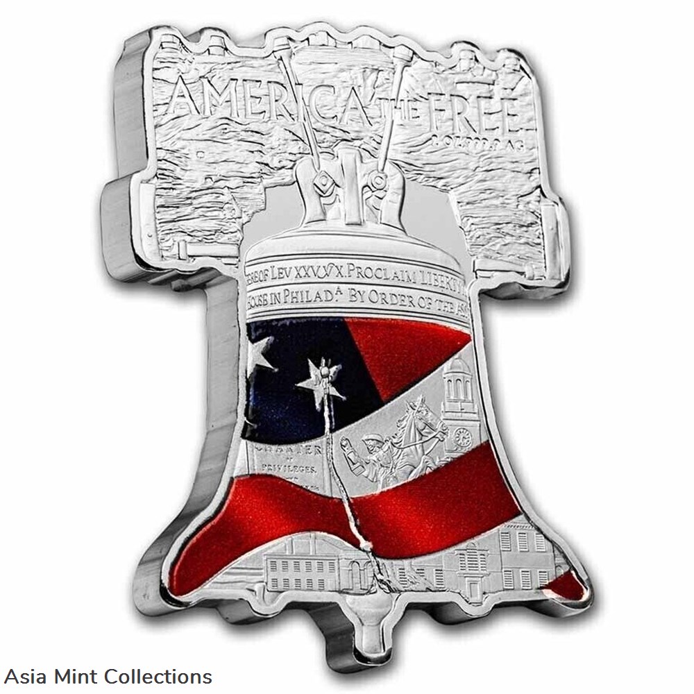 coins ingots bullion coin 2023 liberty bell usa 2oz 999 silver colored shape solomon islands with original packaging