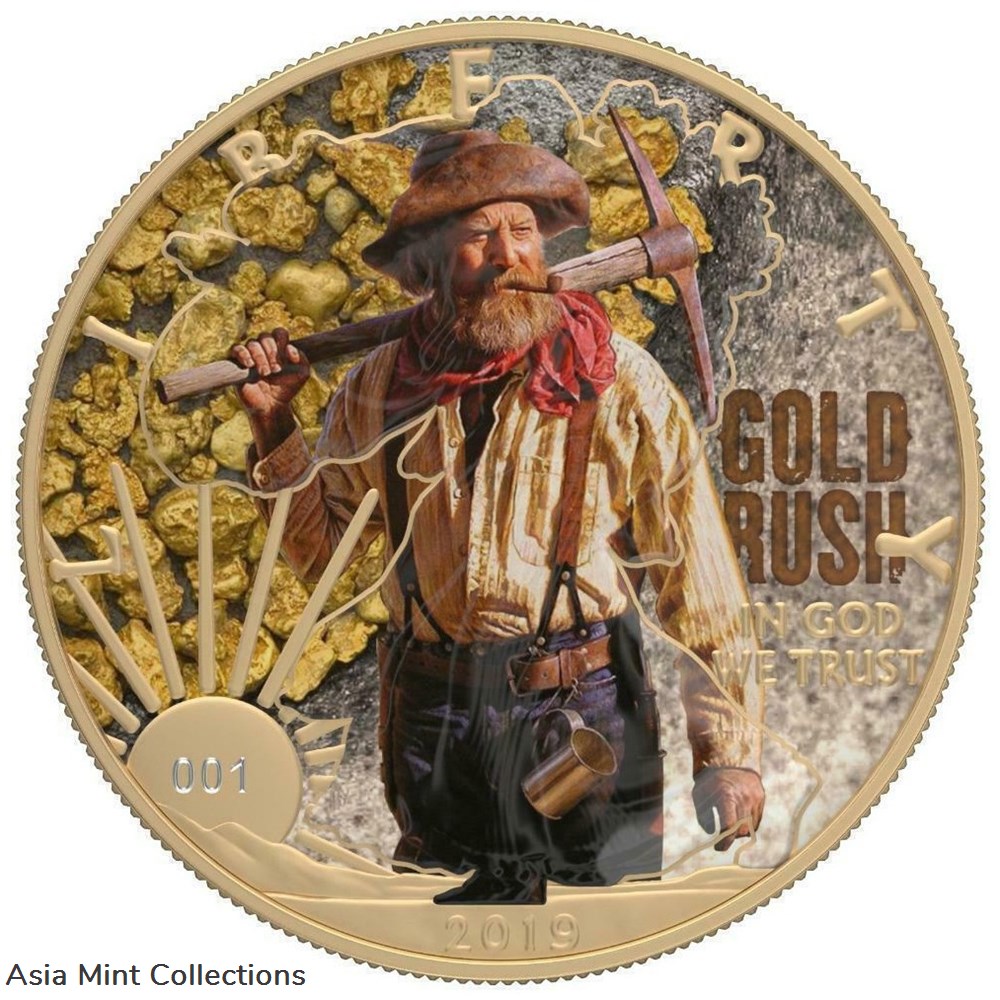 2019 - USA 1$ Faces of America - Gold Rush 1 Oz Silver Coin with Varnish 2 coins ingots bullion 2019 usa 1 faces of america gold rush 1 oz silver coin with varnish