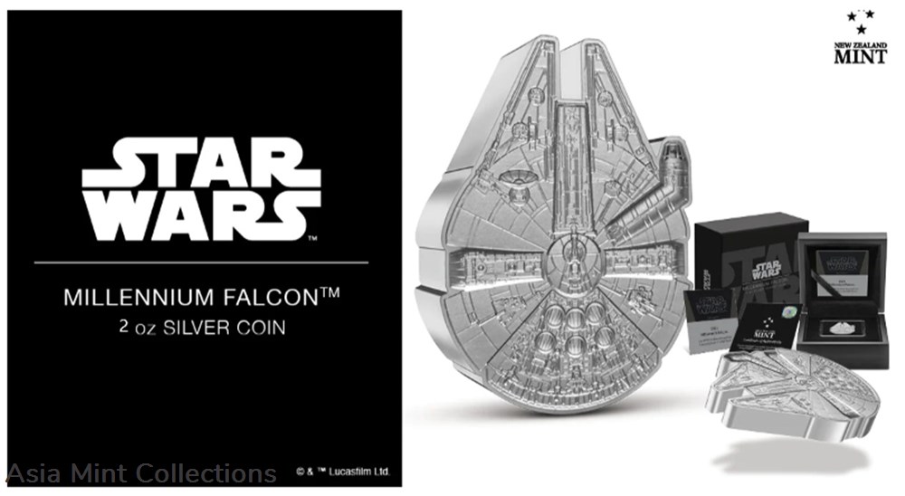 2023 – Star Wars™ Millennium Falcon™ 2oz Silver Shaped Coin 5 coins ingots bullion 2023 star wars millennium falcon 2oz silver shaped coin