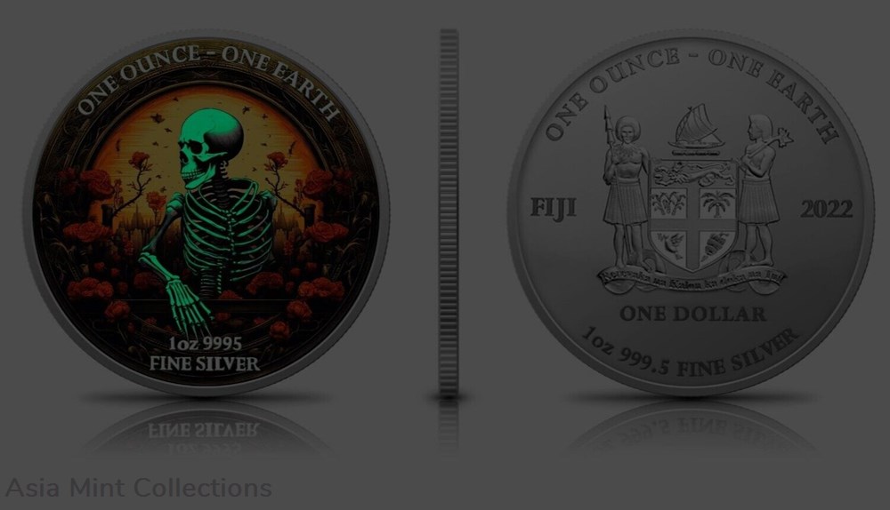 coins ingots bullion 2022 1 oz silver 1 fiji glow in the dark skeleton earth colored coin