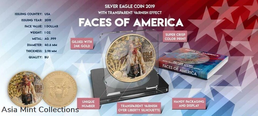 2019 - USA 1$ Faces of America - Gold Rush 1 Oz Silver Coin with Varnish 5 coins ingots bullion 2019 usa 1 faces of america gold rush 1 oz silver coin with varnish