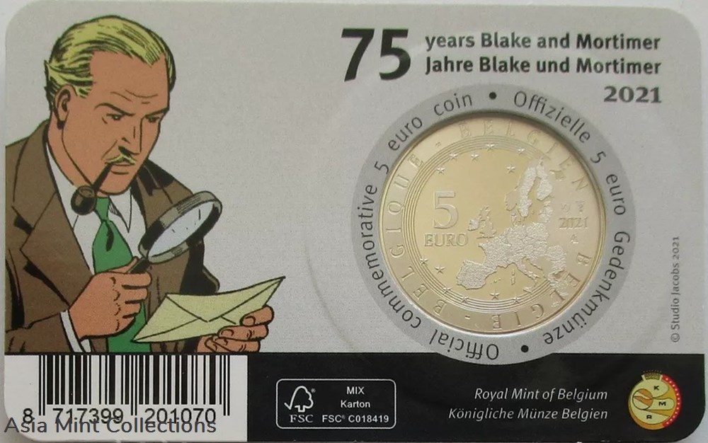 2021 - Belgium 5 Euro 75 Years Blake & Mortimer Colored coins ingots bullion silver coin 2021 belgium 5 euro 75 years blake mortimer colored