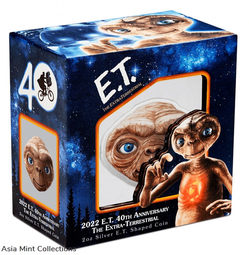 2022 - Niue E.T. 40th Anniversary The Extra Terrestrial 2oz Silver Shaped Coin 4 coins ingots bullion 2022 niue e t 40th anniversary the extra terrestrial 2oz silver shaped coin