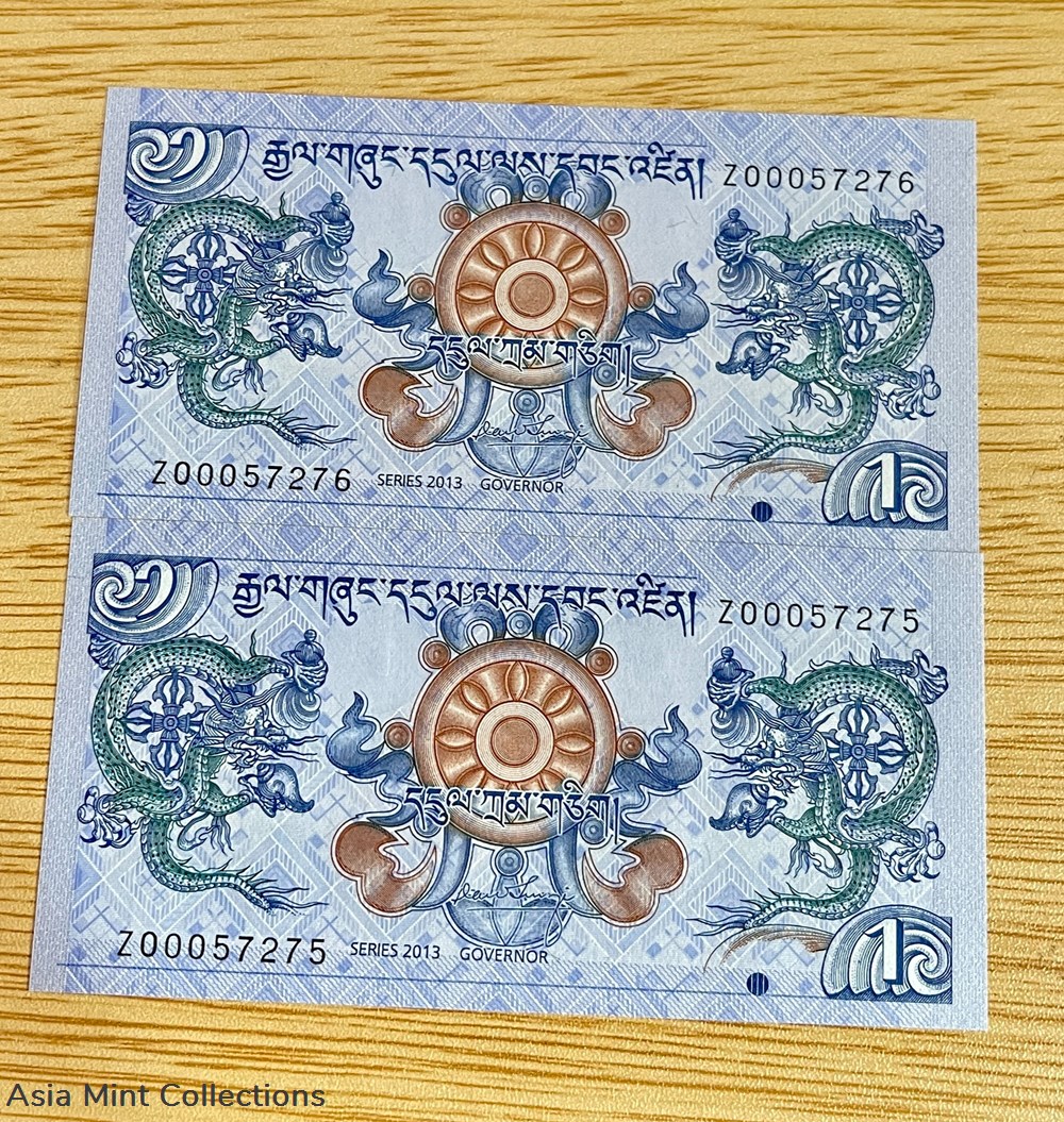 2013 - Bhutan 1 Ngultrum Pair Replacement Bank Notes - Z00057275 - 76 (UNC) coins world 2013 bhutan 1 ngultrum pair replacement bank notes z00057275 76 unc