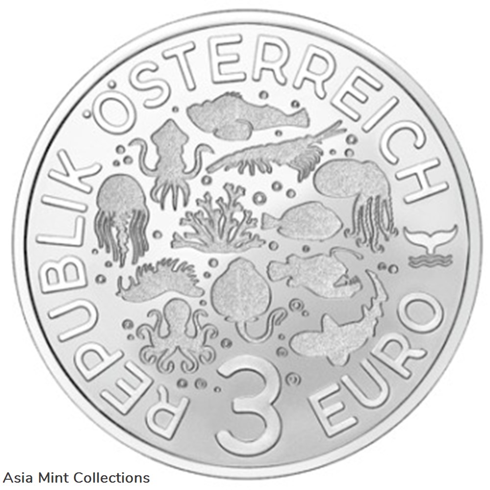 2022 - Austria 3 Euro Bright Sea Worlds Blue Ringed Octopus coins ingots bullion silver coin 2022 austria 3 euro bright sea worlds blue ringed octopus