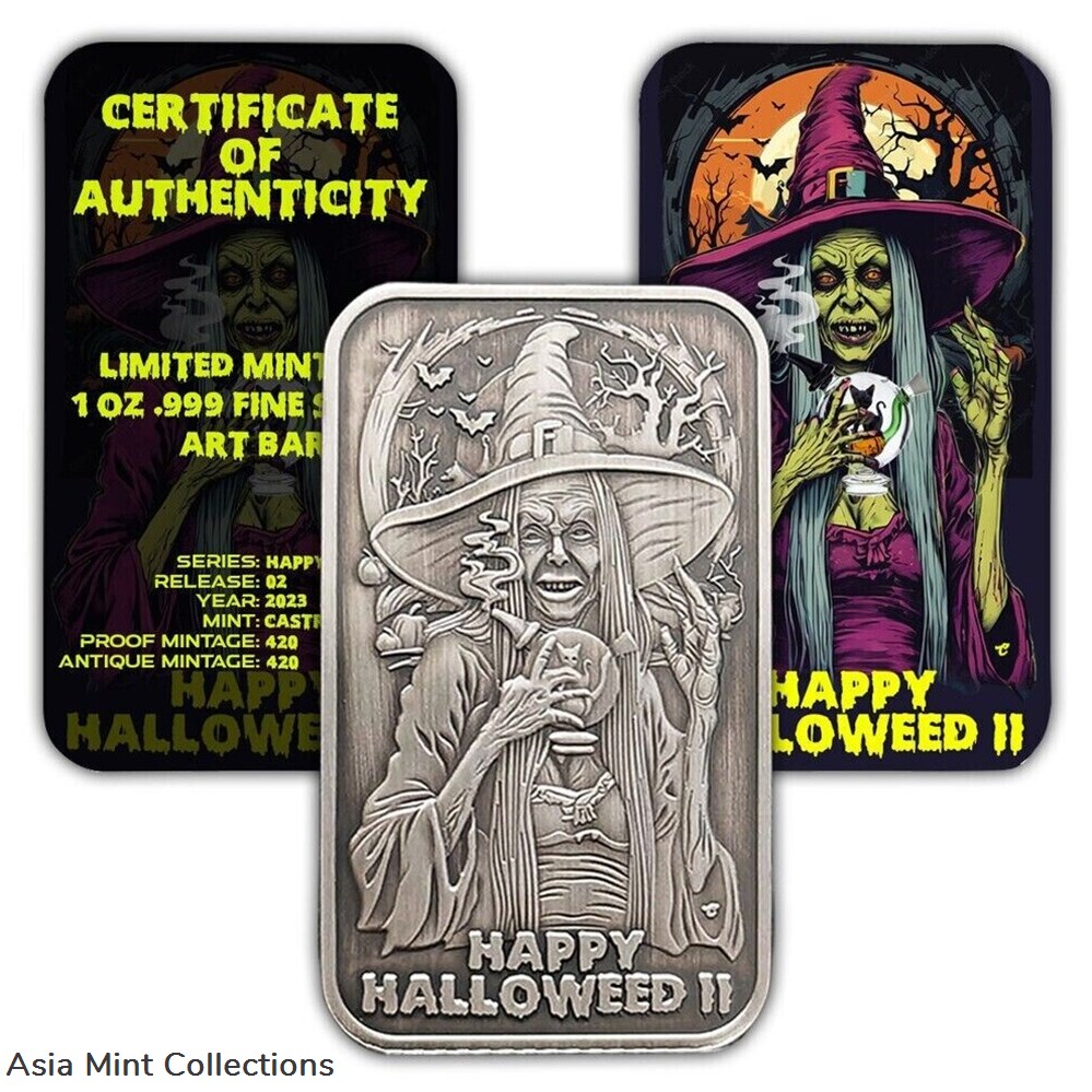 2023 - Happy Halloweed II Antiqued 1 oz Silver Bar - 420 Mintage coins ingots bullion coin 2023 happy halloweed ii antiqued 1 oz silver bar 420 mintage