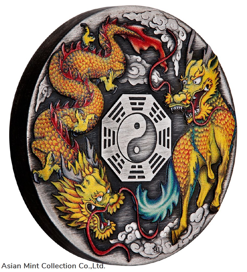 2022 2oz Dragon and Qilin with Bagua Silver Antiqued Coloured Coin 3 coins ingots bullion 2022 2oz dragon and qilin with bagua silver antiqued coloured coin