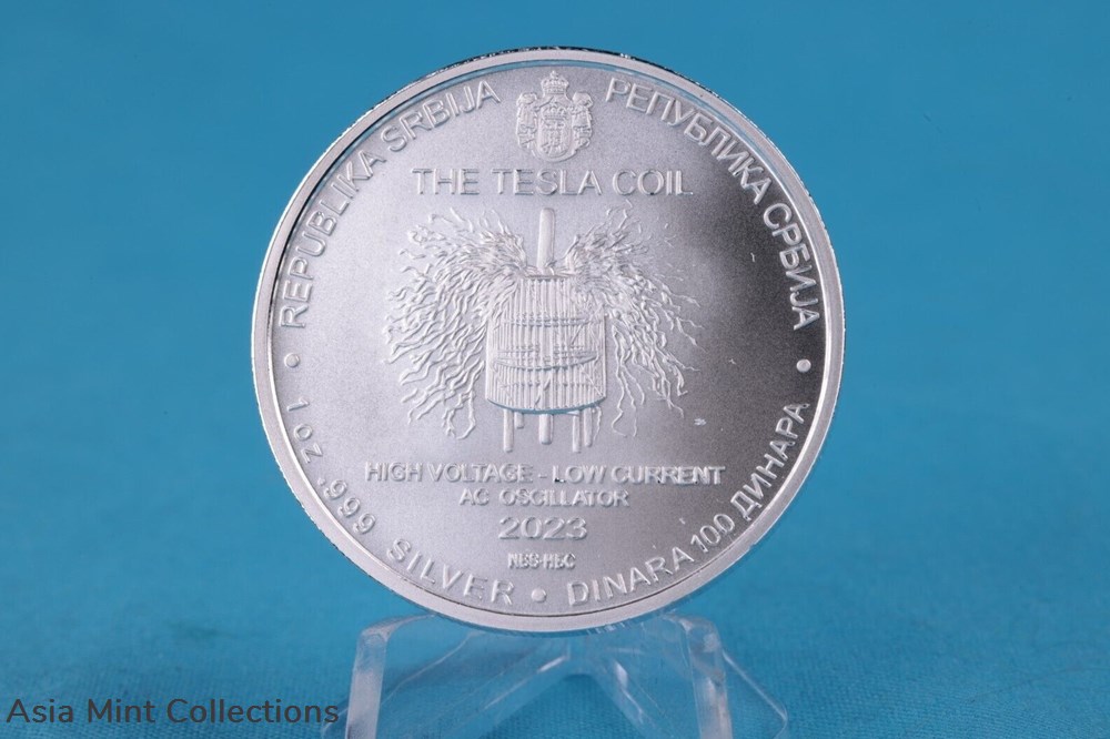 coins ingots bullion coin 2023 nikola tesla the tesla coil 1oz silver 9999 serbia 100 dinar st bu
