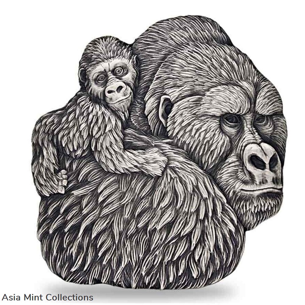 2023 - 1 Oz Silver Coin Chad 5000 CFA Gorilla & Child Shaped Antiqued High Relief coins ingots bullion 2023 1 oz silver coin chad 5000 cfa gorilla child shaped antiqued high relief