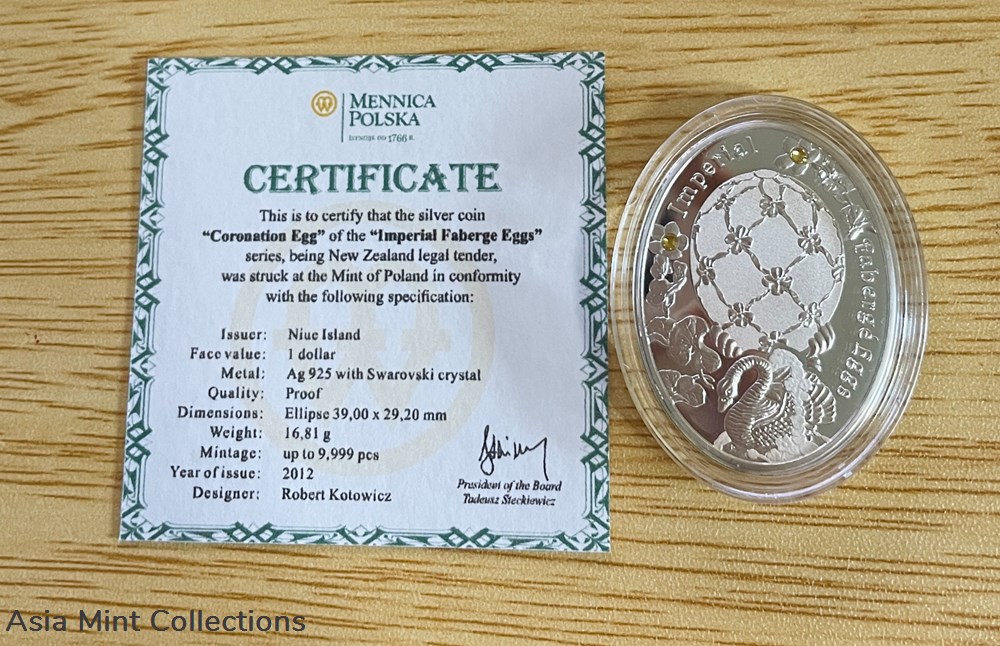 2012 - NIUE "Swan Egg" $1 IMPERIAL FABERGE EGGS Proof Silver Coin W/ Swarovski 3 coins ingots bullion 2012 niue swan egg 1 imperial faberge eggs proof silver coin w swarovski