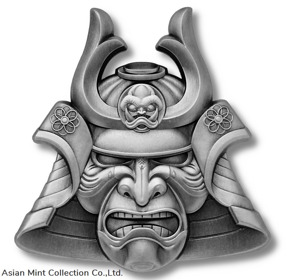 2021 - Samoan Silver Ancient Warriors - Samurai Mask - Antiqued Finish - 2 oz medals 2021 samoan silver ancient warriors samurai mask antiqued finish 2 oz