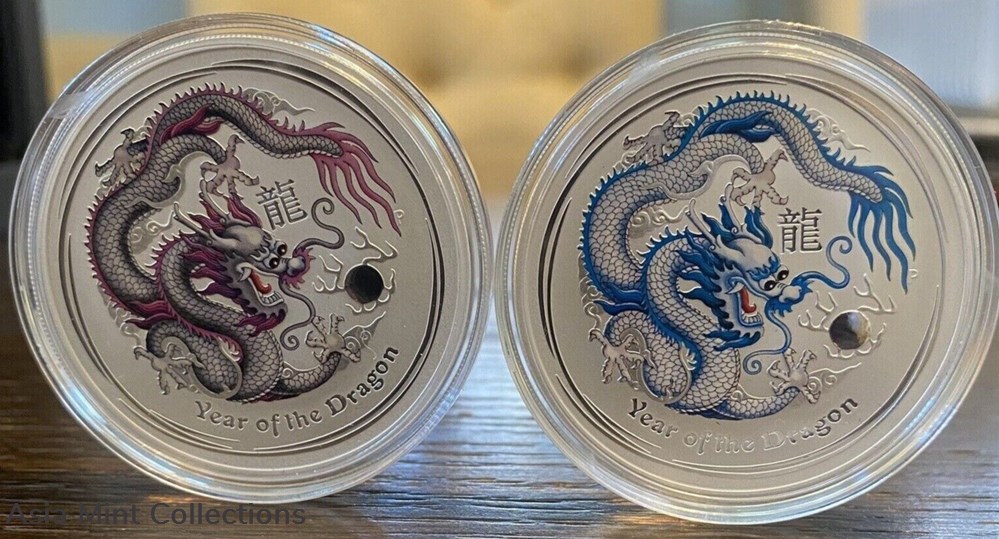 2012 - Silver and gold proof coins, Australia's 10-color dragon set. 5 ingots bullion 2012 silver and gold proof coins australia s 10 color dragon set