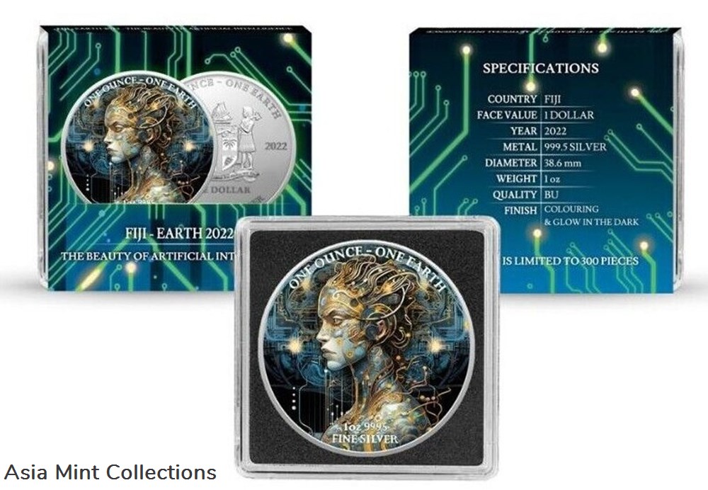 2022 - 1 Oz Silver $1 Fiji Glow In The Dark ARTIFICIAL INTELLIGENT BEAUTY Coin. 6 coins ingots bullion 2022 1 oz silver 1 fiji glow in the dark artificial intelligent beauty coin
