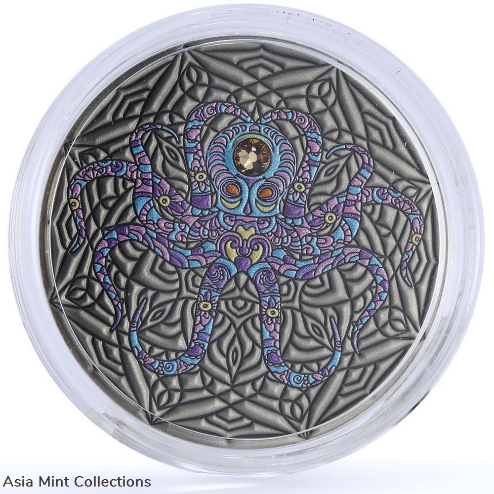 coins ingots bullion 2020 ghana 2 cedis mandala art animals octopus marine life fauna silver coin