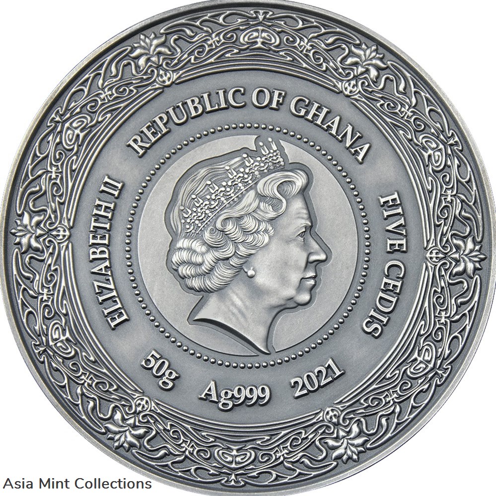 2021 - Eir Goddesses of Health 50 g Antique finish Silver Coin 5 Cedis Ghana 2 coins ingots bullion 2021 eir goddesses of health 50 g antique finish silver coin 5 cedis ghana