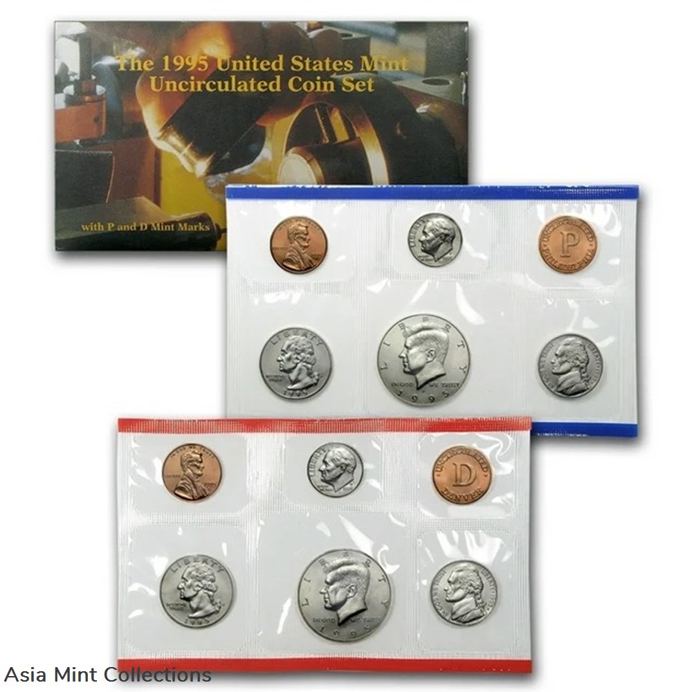 1995 - U.S. Mint Uncirculated Coin Set with D and P Mint Marks coins world united states 1995 u s mint uncirculated coin set with d and p mint marks