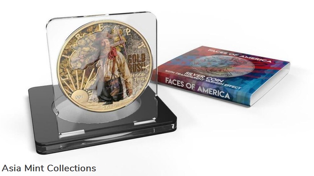 2019 - USA 1$ Faces of America - Gold Rush 1 Oz Silver Coin with Varnish 4 coins ingots bullion 2019 usa 1 faces of america gold rush 1 oz silver coin with varnish