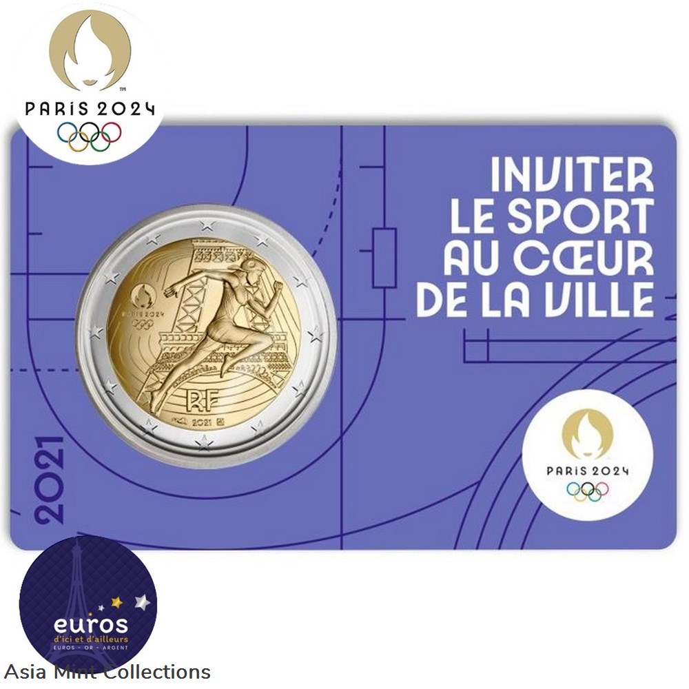 coins ingots bullion copper 2021 2 euro commemorative coincard france paris 2024 olympic games universal brilliant purple