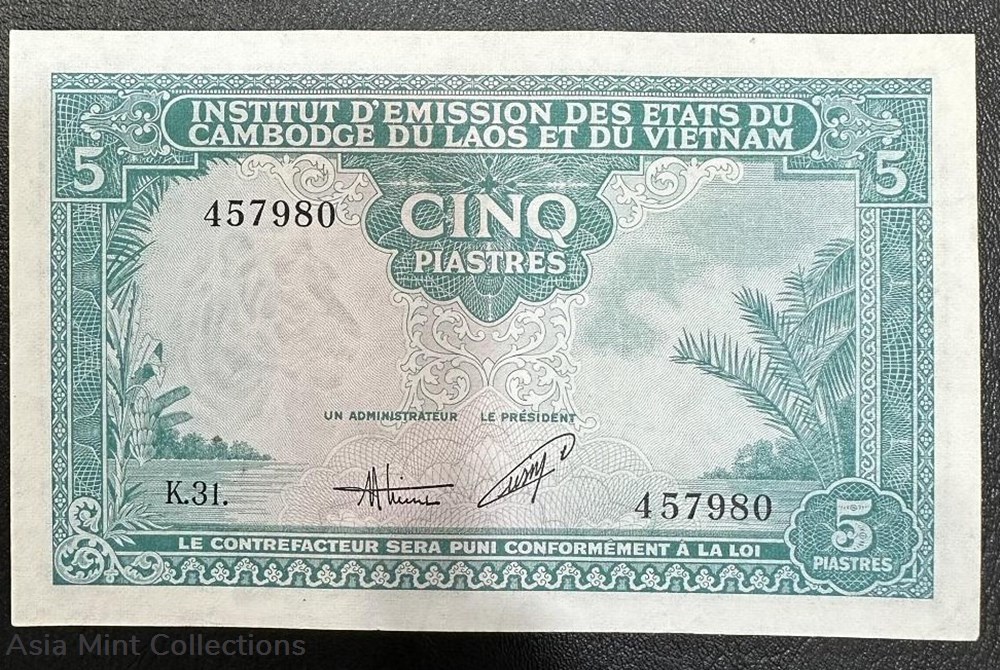 banknotes asia vietnam 1953 banknote french indo china 5 piastres 5 dong