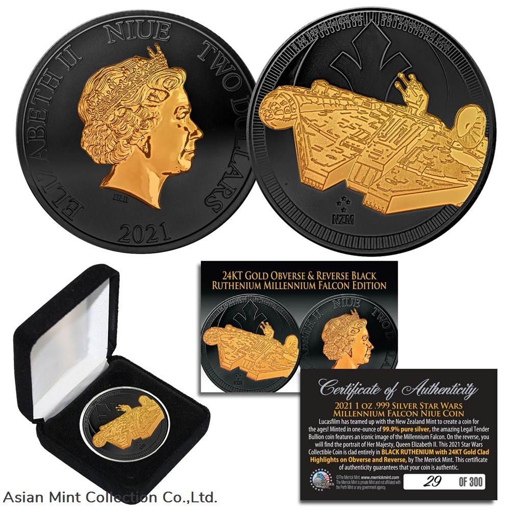 2021 NIUE 1oz Silver MILLENNIUM FALCON Star Wars Coin BLACK RUTHENIUM & 24K Gold coins ingots bullion 2021 niue 1oz silver millennium falcon star wars coin black ruthenium 24k gold